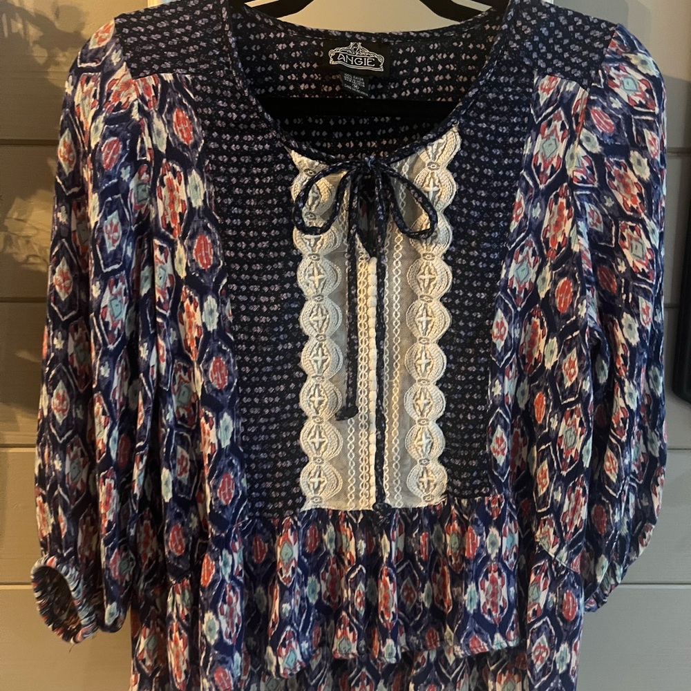 Angie Blue and White Bell Sleeve Blouse with Tie Front